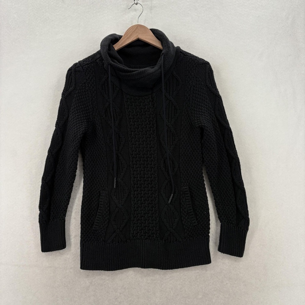 L.L.Bean Signature Fisherman Funnelneck Sweater Womens XS Black Cable Knit Heavy